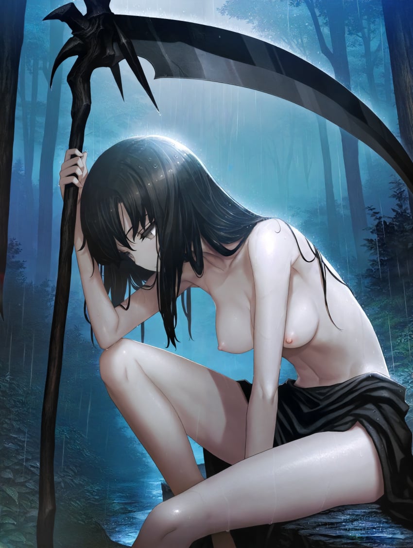 1girls absurd_res absurdres ai_generated black_clothing black_hair female forest high_resolution highres leaning_forward looking_down medium_breasts neutral_expression one_leg_up original original_character original_characters rain scythe silver_eyes skirt tired_eyes wet