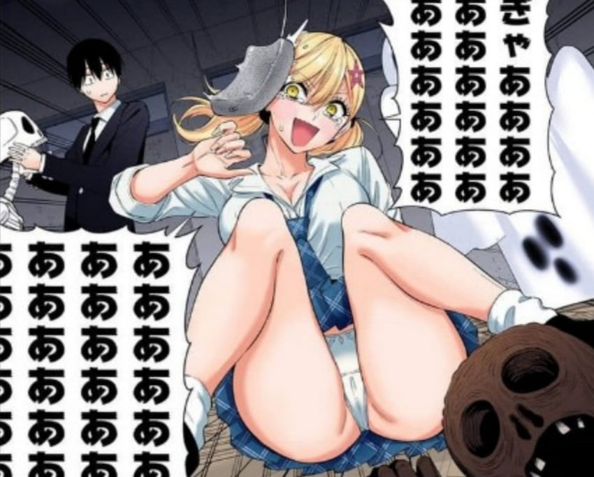 2.5_jigen_no_ririsa ass_visible_through_thighs bare_legs bare_thighs big_breasts blonde_hair blush breasts cleavage collarbone green_eyes gyaru hair_ornament hashimoto_yuu indoors kisaki_aria knees_up long_hair manga official_art okumura_masamune on_floor open_mouth panties scared school_uniform sitting skirt tears thighs twintails underwear white_panties