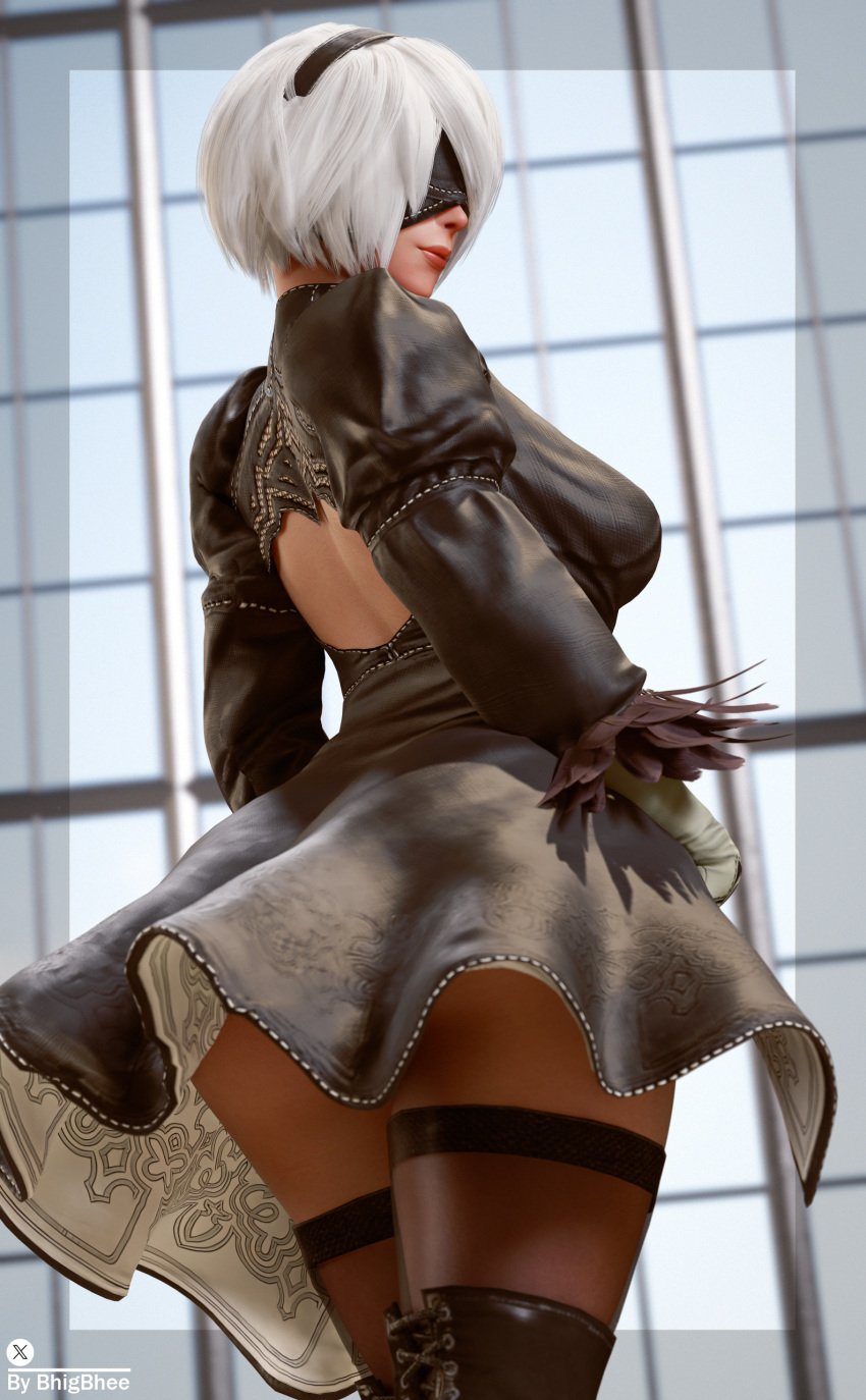 1girls 3d alternate_version_available ass bhigbhee blindfold boots breasts clothed clothing dress female female_only gloves hairband hi_res highres hips lipstick makeup nier nier:_automata short_hair solo stockings thick_thighs thighs watermark white_hair yorha_2b