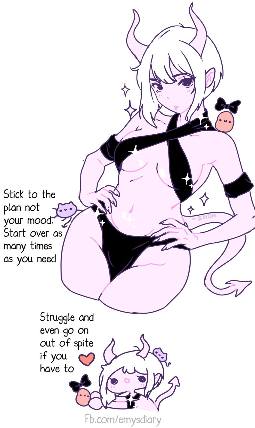 2020s 2024 armband bare_shoulders belly_button bikini_top black_eyelashes black_eyes chibi demon demon_girl digital_drawing_(artwork) english english_text facebook_url female hairbow hands_on_hips hips horns imp imp_tail impie kawaii_potato lavender_skin looking_at_viewer motivational multiple_images navel no_sex pinup pointed_ears potato revealing_clothes sharp_fingernails sparkles super_deformed tail talking_to_viewer theshunbun thighs underboob vagina_outline white_background white_hair