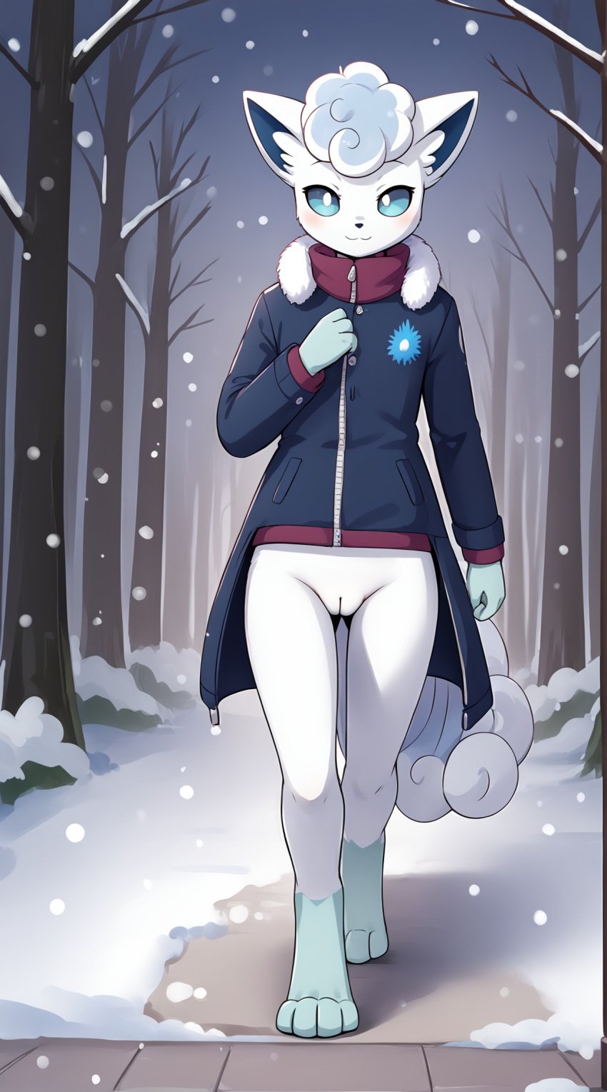 1girls 2025 ai_generated alolan_vulpix anthro blue_eyes blue_fur blushing bottomless bottomless_female digitigrade female female_only generation_7_pokemon hi_res inner_ear_fluff innie_pussy jacket looking_at_viewer nintendo outdoors plump_labia pokemon pokemon_(species) pussy smile snow snowing walking white_fur winter