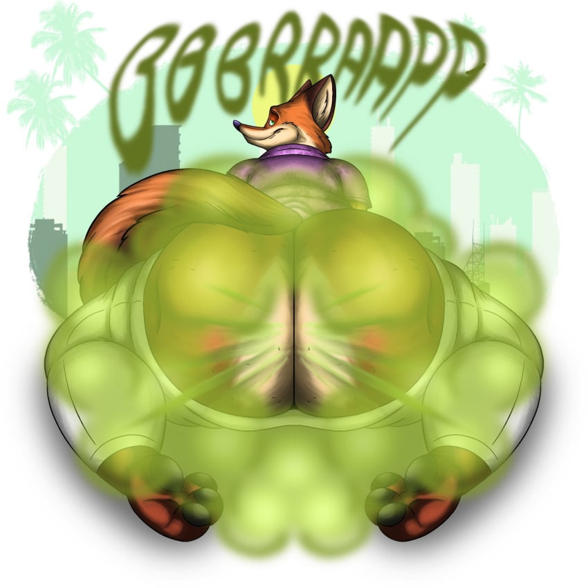 anthro ass big_butt canid canine clothed clothing disney fart fart_cloud fart_fetish farting_at_viewer feet fox gassy hi_res looking_back male mammal nick_wilde pawpads presenting presenting_hindquarters raised_tail smelly solo sunflower_fox tail zootopia