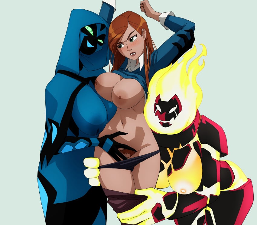 absurd_res alien alien_humanoid anthro arthropod ben_10 big_breasts big_chill blush breasts cartoon_network clothed clothing elemental_creature female female/female fire fire_creature gwen_tennyson gwen_tennyson_(alien_force) heatblast hi_res human human_on_anthro human_on_humanoid humanoid inker_comics insects interspecies lepidopteran mammal necrofriggian nipples pubes pyronite