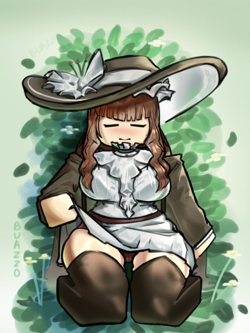 1girls 2d 2d_(artwork) 2d_artwork =_= artist_name big_breasts blocky_body blush breasts brown_coat brown_hair brown_hat brown_panties brown_thighhighs buazzo closed_eyes clothed color colored derby_hat dream_game dress dress_lift female female_only fully_clothed fully_clothed_female lifting_skirt nashatra_bealdhild nervous_smile panties roblox roblox_game robloxian smiling solo thick_thighs thighhighs thighs white_shirt white_skin