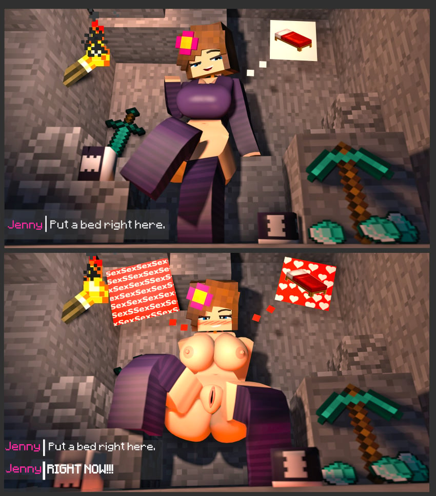 &#039;eadole bottomless cave english_text female_focus female_only flower_in_hair heart_symbol highres indoors inviting_to_sex jenny_belle_(slipperyt) large_areolae large_ass large_breasts minecraft reference seductive_look solo_focus source_filmmaker stockings sword text_box torch