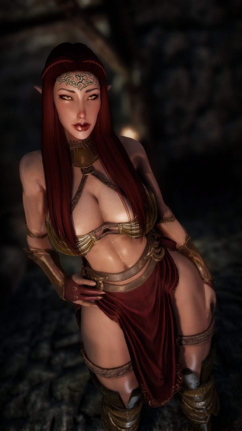 1girls 3d abs bare_shoulders beauty_mark belt bethesda_softworks bosmer braided_hair breasts dungeon elf elf_ears elf_female elf_girl eyebrows eyelashes eyes eyeshadow female forehead_mark forehead_tattoo gigantic_breasts goddess gold gold_(metal) gold_armor gold_belt gold_bikini gold_bracelet gold_eyes gold_jewelry gold_necklace golden_belt golden_eyes hair_over_breasts hair_over_shoulder hands_on_hips hands_on_thighs huge_breasts large_breasts lipstick loincloth looking_at_viewer makeup midriff muscular muscular_female navel pelvic_curtain queen queen_azara red_hair red_lips red_lipstick red_loincloth red_skirt screencap screenshot skirt skyrim solo solo_female solo_focus the_elder_scrolls thick_hips thick_legs thick_lips thick_thighs thigh_boots thigh_strap thighs toned_belly wide_hips wood_elf yellow_eyes