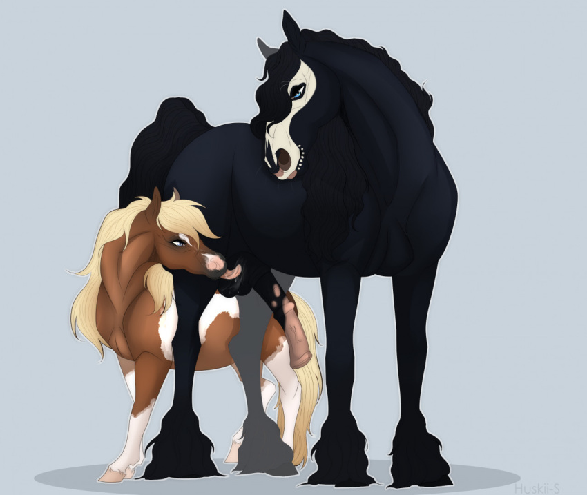 2020 ambiguous_gender anatomically_correct anatomically_correct_genitalia anatomically_correct_penis animal_genitalia animal_penis ball_lick balls black_body black_hair black_tail blue_eyes digital_media_(artwork) draft_horse duo equid equine equine_penis erection feral friesian genitals hair hooves horse huskii-s licking looking_at_another looking_down male mammal mane mask mottled mottled_genitalia mottled_penis multicolored_body oral penis pook_(nightdancer) sex simple_background size_difference skull_mask tongue tongue_out two_tone_body