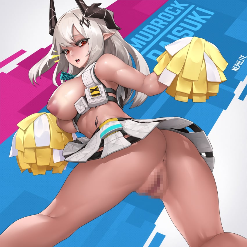 ^^^ anus arknights artist_name ass bare_shoulders blue_archive blue_background breasts breasts_out censored character_name cheerleader cheerleader_uniform cosplay crop_top female from_behind grey_hair hibiki_(blue_archive)_(cosplay) hibiki_(cheerleader)_(blue_archive)_(cosplay) highres holding horns large_areolae large_breasts long_hair looking_at_viewer looking_back miniskirt mosaic_censoring mudrock_(arknights) nephlite nipples no_panties open_mouth oripathy_lesion_(arknights) pointy_ears pom_pom_(cheerleading) puffy_nipples pussy red_eyes romaji_text skirt sleeveless solo standing two-tone_background white_background white_skirt