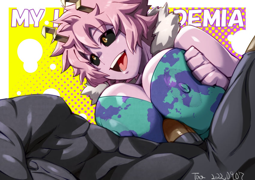 1boy 1girls 1monster absurd_res big_breasts black_body black_sclera breasts clothed_titjob happy hero_outfit_(mha) high_resolution horns huge_breasts konakona mina_ashido muscular_male my_hero_academia nipple_bulge nomu paizuri penis pink_body pink_hair pink_skin protagonistsub_antagonistdom short_hair titjob yellow_eyes