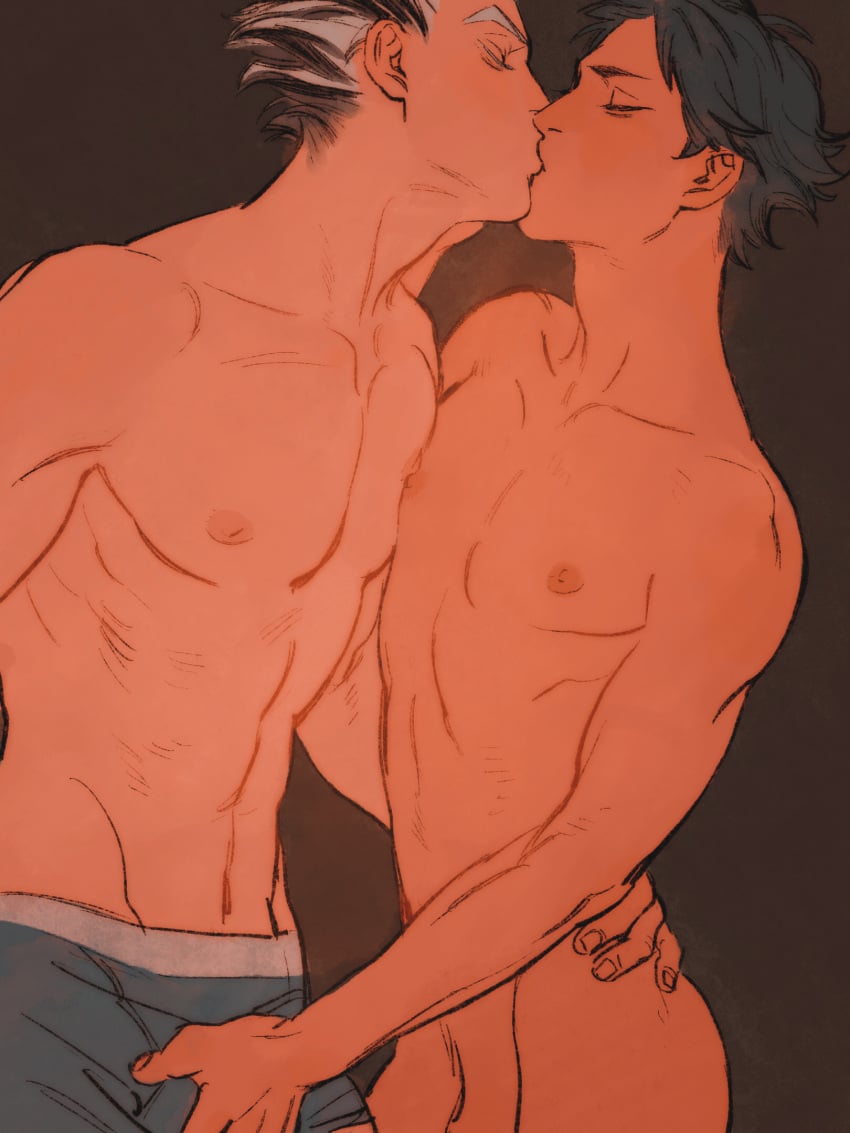 2boys akaashi_keiji black_hair blue_male_underwear bokuto_koutarou brown_background bulge closed_eyes couple erection erection_under_clothes face-to-face facing_another groin haikyuu!! hand_on_another's_hip hand_up highres kissing male_focus male_underwear multicolored_hair multiple_boys nipple-to-nipple nipples nude profile short_hair simple_background spiked_hair topless_male two-tone_hair underwear underwear_only upper_body white_hair yaoi