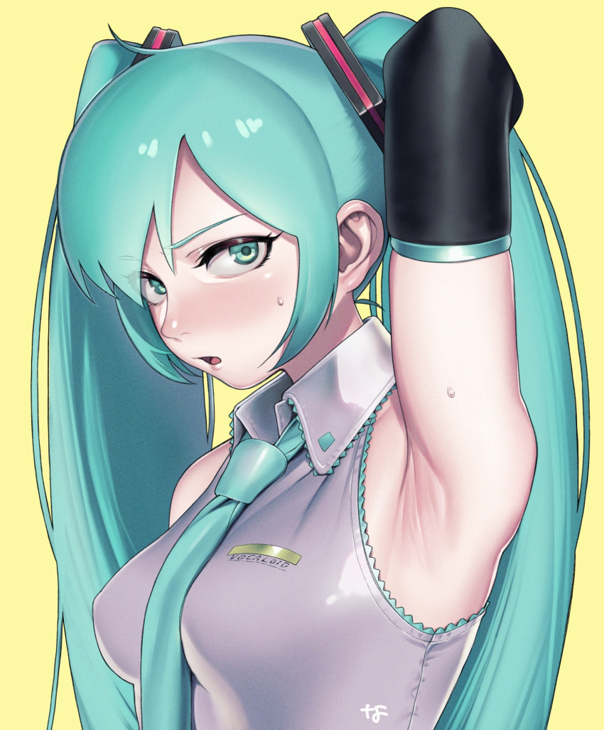 1girls aqua_eyes arm_up armpit armpit_crease armpit_fetish armpit_focus armpits bangs bare_shoulders between_breasts blue_eyes blue_hair blush breasts collared_shirt detached_sleeves eye_contact eyes_visible_through_hair female from_side hair_ornament hatsune_miku long_hair looking_at_viewer medium_breasts nanja_(artist) necktie necktie_between_breasts nose_blush not_porn one_arm_up open_mouth presenting_armpit presenting_armpits safe safe_for_work sexy_armpits sfw showing_armpits side_view sidelocks skindentation sleeveless sleeveless_shirt solo sweat sweatdrop sweating turquoise_hair twintails upper_body vocaloid yellow_background