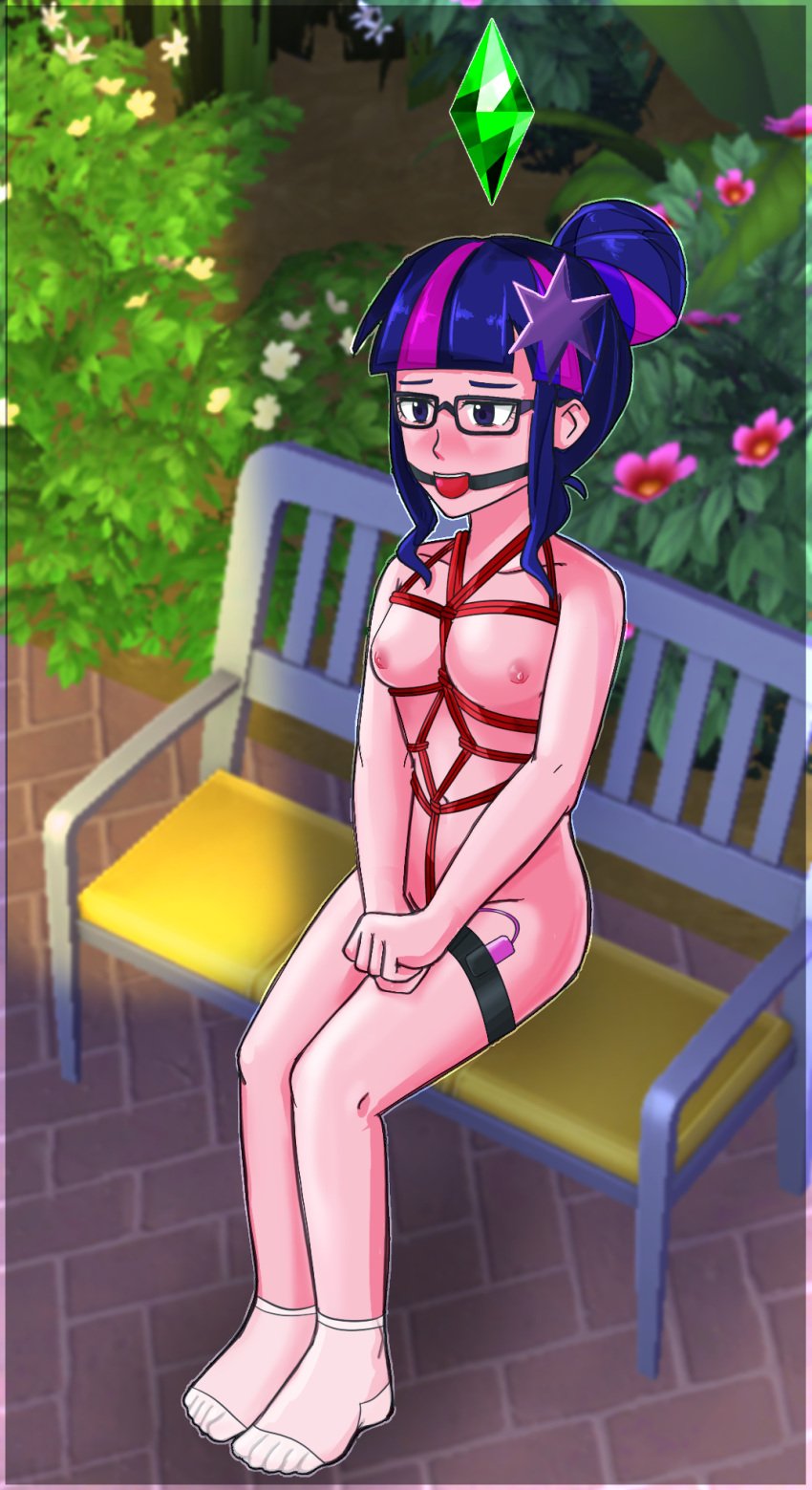 ball_gag blush bondage breasts crotch_rope equestria_girls female female_only femsub friendship_is_magic gag gagged glasses my_little_pony nipples nude nude_female orinchi303 park park_bench ponytail public public_nudity purple_eyes purple_hair rope rope_between_breasts rope_bondage rope_harness sci-twi sex_toy sitting solo solo_female submissive submissive_female the_sims twilight_sparkle_(mlp) two_tone_hair vibrator vibrator_cord vibrator_taped_to_leg