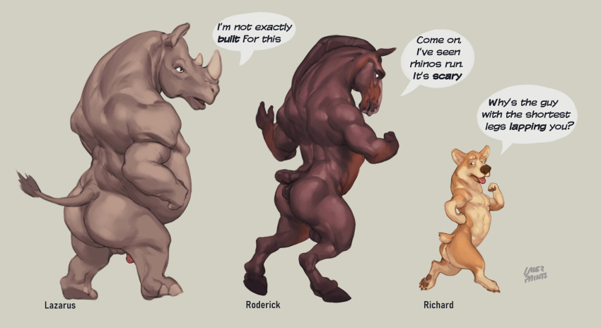 anthro balls belly big_belly brown_anus brown_balls brown_body canid canine canis domestic_dog english_text equid equine equine_anus flaccid foreskin genitals grey_body group hi_res horse humanoid_genitalia humanoid_penis laser_(artist) male male_only mammal muscular muscular_anthro muscular_male nude open_mouth overweight overweight_anthro overweight_male penis red_penis red_tongue rhinocerotoid side_view signature simple_background speech_bubble tan_body text tongue tongue_out trio