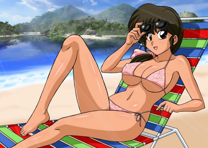 beach bikini black_glasses breasts brown_eyes brown_hair kasumi_tendo large_breasts long_hair open_mouth ranma_1/2 side-tie_bikini tan