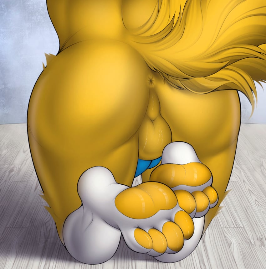 absurd_res akatosh anthro anus ass backsack balls butt_shot canid canine erection fox fur genitals hi_res himme male mammal nude pawpads paws penis solo white_body white_fur yellow_body yellow_fur yellow_pawpads yellow_paws