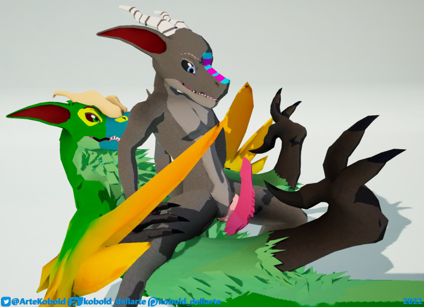 3d animal_genitalia anthro bzez claws digital_media_(artwork) dinosaur dromaeosaurid duo erection feathered_dinosaur feathers genitals horn humanoid kobold kobold_dellarte low_poly male nude penis raptor_claws reptile scalie sek simple_background teeth theropod toe_claws velociraptor