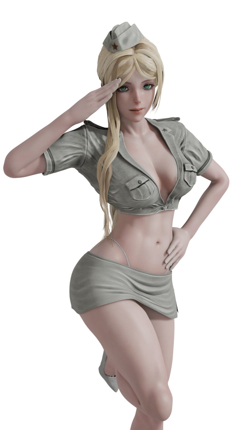 3d android army_uniform blonde blonde_hair boob_window green_eyes hand_on_hip hat heels highleg highleg_thong lazyprocrastinator looking_at_viewer midriff military_uniform nier:_automata nier_(series) no_bra one_leg_up pose posing salute short_shirt short_skirt skirt smile thick_thighs thong transparent_background yorha_commander