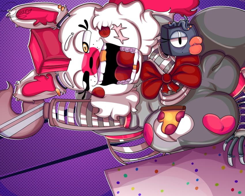 2_heads breasts conjoined five_nights_at_freddy's five_nights_at_freddy's_2 furry hook horny horny_female mangle_(fnaf) multi_head pink_hair pizza suwodirector_(artist) tie yellow_eye