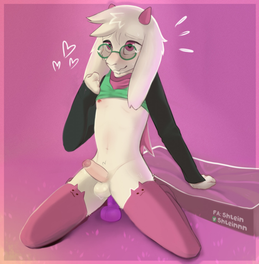 1boy 2022 2d anthro anthro_male anthro_only balls blush bodily_fluids bovid caprine clothing deltarune digital_media_(artwork) dildo dildo_insertion dildo_sitting erection eyewear fur furry furry_male furry_only genital_fluids genitals glasses goat headgear headwear heart hi_res horn humanoid humanoid_male humanoid_only legwear male male_only mammal mammal_humanoid masturbation nipples penetration penis ralsei sex_toy sex_toy_insertion shtein simple_background solo thigh_highs twitter undertale_(series) video_games website_logo white_body white_fur