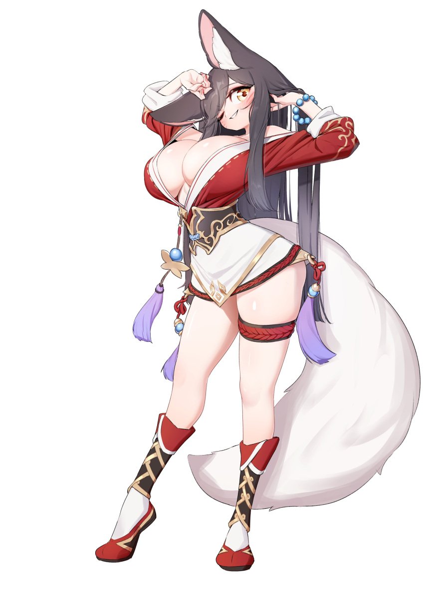 1girls ahri big_breasts black_hair breasts breasts_bigger_than_head chinese_clothes female female_focus female_only fluffy fluffy_ears fluffy_tail fox fox_ears fox_girl fox_humanoid foxgirl girl huge_breasts kemonomimi league_of_legends league_of_legends:_wild_rift long_hair one_eye_closed riot_games side_boob side_view sideboob smile tail thick_thighs thighs white_background white_tail wink yabby yellow_eyes