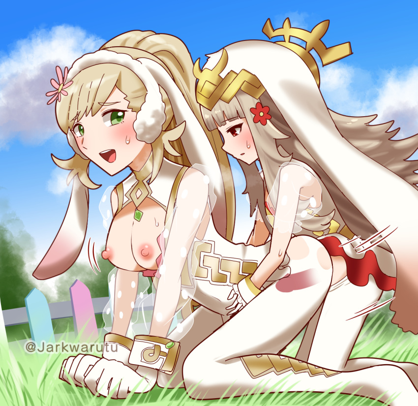 1futa 1girls all_fours alternate_costume bangs blonde_hair breasts breasts_out bunny_ears bunny_girl bunnysuit clothed clothing duo easter female fire_emblem fire_emblem_heroes futa_on_female futanari gloves green_eyes grey_hair human jarkwarutu kneeling light-skinned_female light-skinned_futanari light_skin long_hair looking_back medium_breasts mostly_clothed nintendo nipples official_alternate_costume open_mouth outdoors ponytail red_eyes see-through sex sharena_(fire_emblem) sharena_(spring)_(fire_emblem) small_breasts smile sweat veronica_(fire_emblem) veronica_(spring)_(fire_emblem) very_long_hair x-ray