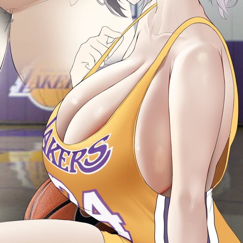 1girls bakunyuu bare_arms bare_shoulders basketball basketball_clothes basketball_court basketball_jersey basketball_uniform black_hair breasts breasts_bigger_than_head breasts_focus cleavage close-up clothes_pull collarbone face_out_of_frame female_focus gigantic_breasts head_out_of_frame hi_res high_resolution highres kuse_(0201) los_angeles_lakers multicolored_hair multiple_views no_bra original reflective_floor shirt_pull short_hair sideboob sitting solo solo_female sport sportswear top_heavy_breasts unknown_female unseen_female_face voluptuous white_hair