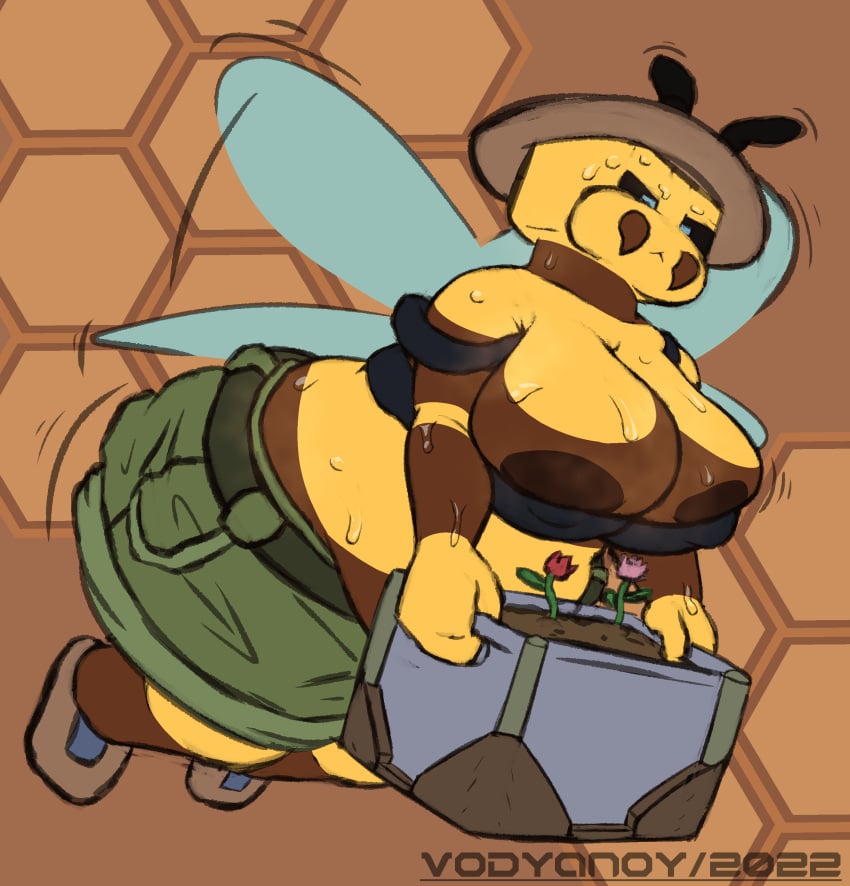 areola bee bee_(minecraft) bertha bulging_breasts bulging_nipples crate cute fangs flying grumpy heavy minecraft overweight steamy sweat thighs vodyanoy1294 vodyanoy5 voluptuous