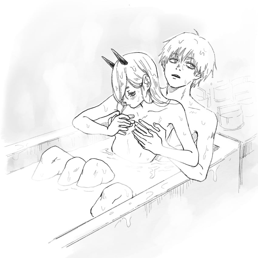 1boy1girl 1girls bath bathing bathing_together bathroom bathtub chainsaw_man cupping_breasts denji_(chainsaw_man) female hand_on_breast hands_on_breasts horns in_bath in_water male/female oni_horns power_(chainsaw_man) small_breasts straight taking_a_bath washing wet