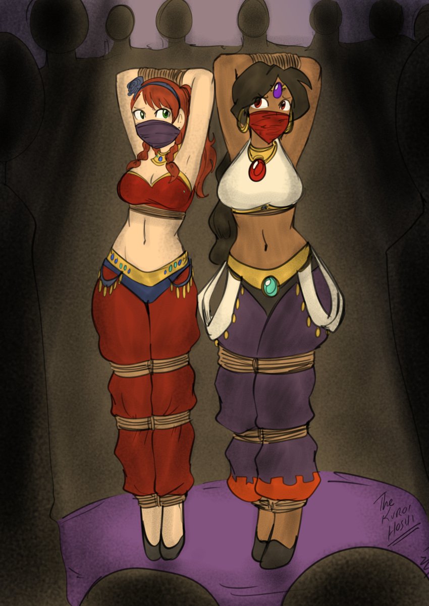 2girls arabian_clothes arms_above_head arms_up belly_dancer belly_dancer_outfit belly_dancing bellydancing black_hair bondage bound bound_ankles bound_arms bound_legs bound_together breasts brown_hair cleavage cloth_gag crowd cvet_helconia_(oc) dakuroihoshi dancer dancer_outfit dancing exposed_belly female female_only fenrilhuayra gag gagged green_eyes harem_girl harem_outfit harem_pants hips jewelry multiple_girls multiple_subs original_character people_in_background people_watching performance performing peril predicament_bondage raised_arms red_eyes rope rope_bondage shaking_hips slave slavegirl spotlight submissive submissive_female tied_arms tied_legs tied_up trussed wide_hips worried worried_expression worried_look