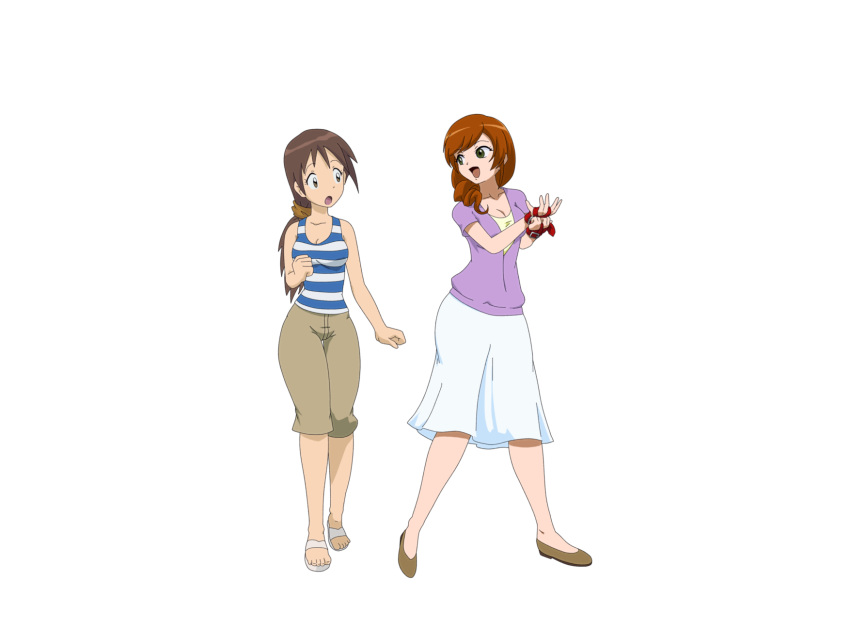 2girls blouse brown_eyes brown_hair clothed clothing digimon digimon_(species) digimon_adventure digimon_savers dress female female_only hairband mankor milf multiple_girls olive_eyes pants ponytail sandals sayuri_daimon shirt shoes tank_top toei_animation yuuko_yagami