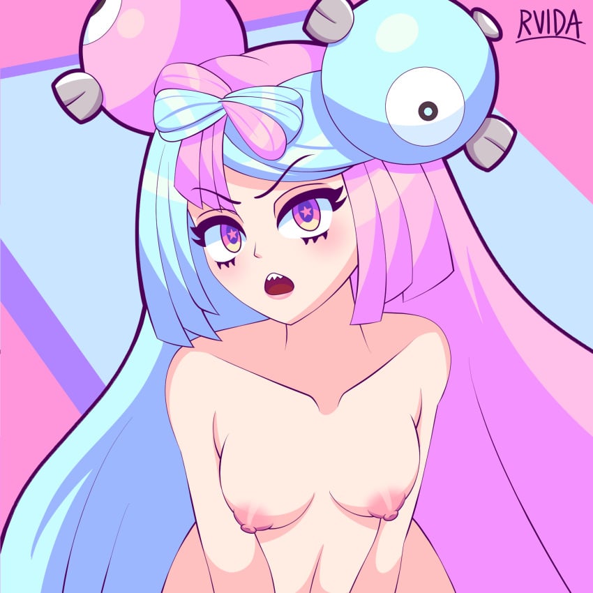 1girls areolae blue_and_pink_hair breasts eye_contact fancy_shmancy_hair_clips female female_only gym_leader hair_ornament iono_(pokemon) long_hair looking_at_viewer medium_breasts nintendo nipples nude nude_female pokemon pokemon_sv rvida sharp_teeth solo twintails two_tone_hair