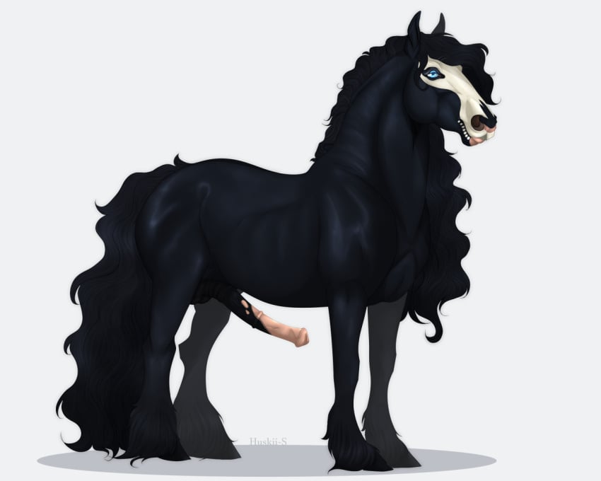 2020 anatomically_correct anatomically_correct_genitalia anatomically_correct_penis animal_genitalia animal_penis balls black_body black_hair black_tail blue_eyes digital_media_(artwork) draft_horse equid equine equine_penis erection feathering feral friesian fur genitals hair hooves horse huskii-s male male_only mammal mane mask mottled mottled_genitalia mottled_penis penis pook_(nightdancer) simple_background skull_mask solo