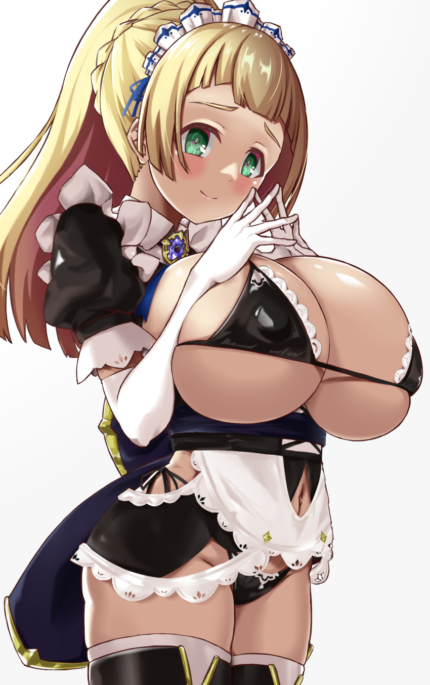 1girls alternate_breast_size blonde_hair breasts female game_freak green_eyes hips hizakake huge_breasts light-skinned_female light_skin lillie_(pokemon) maid maid_bikini maid_outfit maid_uniform massive_breasts nintendo pokemon pokemon_sm ponytail thick_thighs thighhighs thighs wide_hips