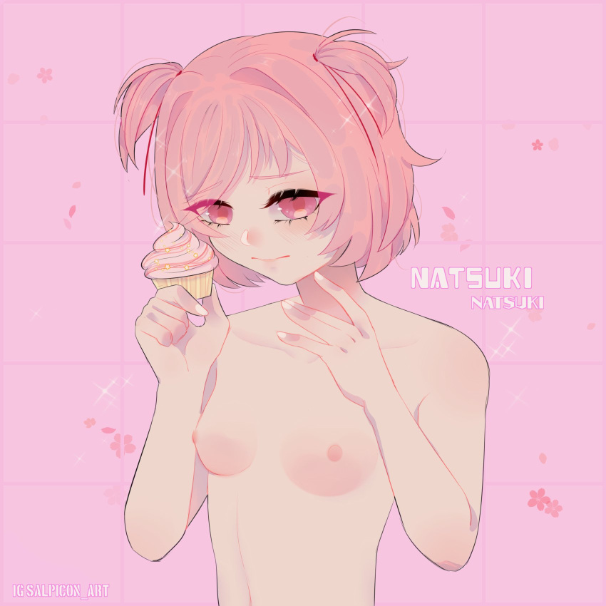 1girls breasts cupcake dessert doki_doki_literature_club female female_only flat_chest flat_chested food holding_cupcake holding_object hyudaro_(artist) naked natsuki_(doki_doki_literature_club) nipples nude nudist pink_background pink_eyes pink_hair solo text