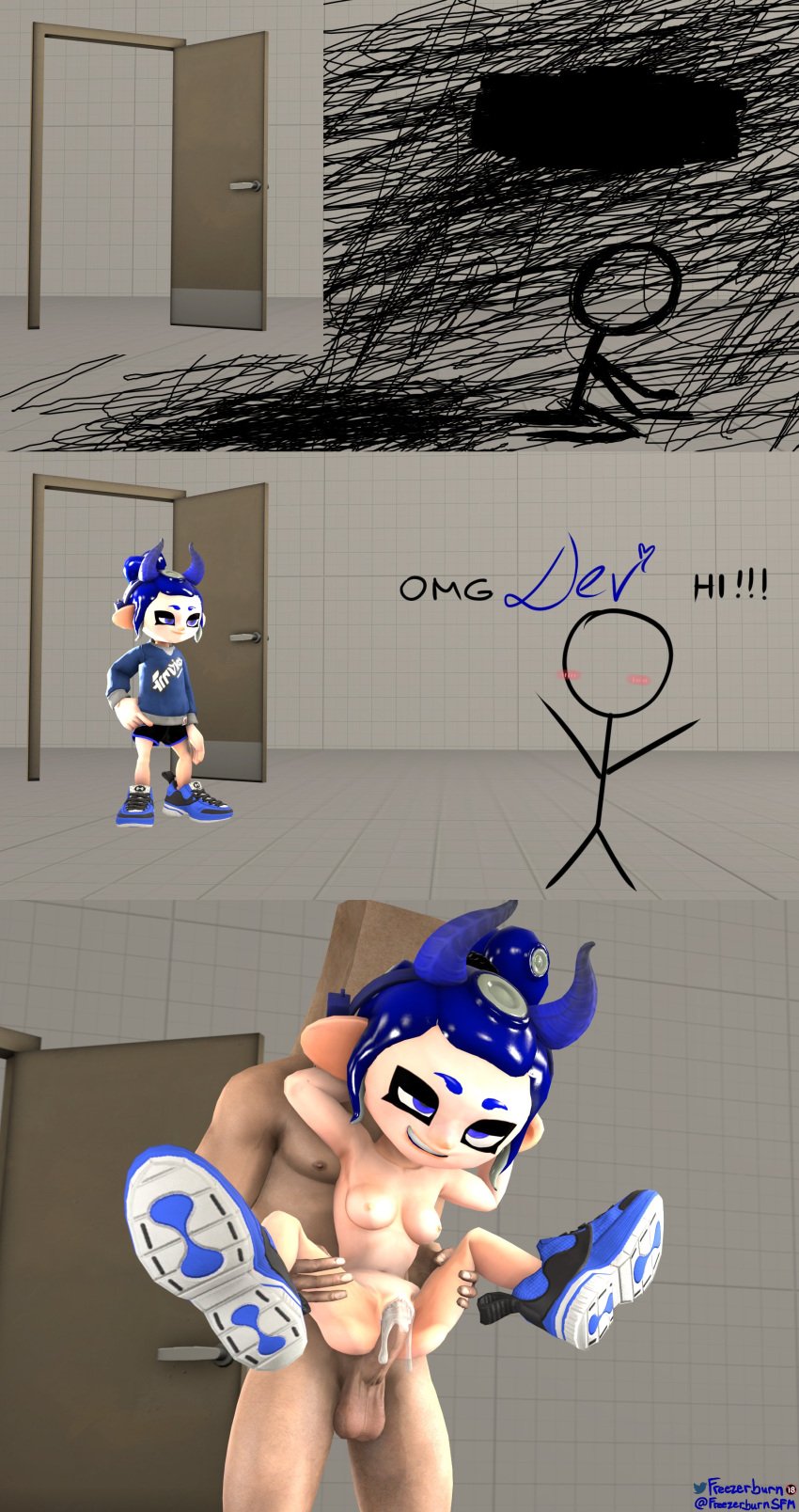 1boy 1girls 3d blue_eyes blue_hair breasts clothing cum cum_in_pussy cum_inside dev_(freezerburn) freezerburnsfm larger_male male/female meme muscular_male nipples octoling octoling_girl omg_hi! paper_bag sfm smaller_female source_filmmaker splatoon splatoon_2 stick_figure stickman