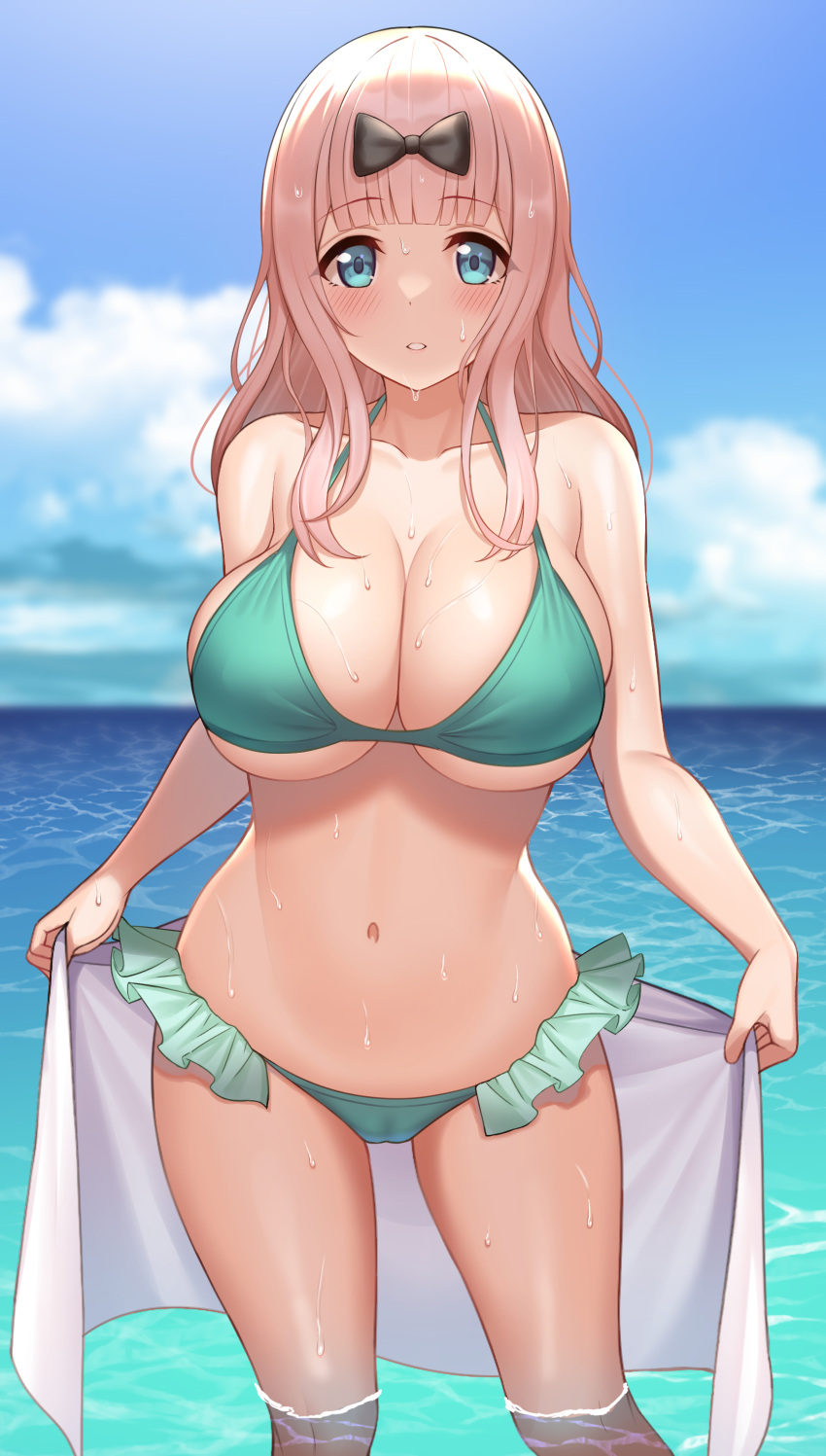 1girls beach belly_button bikini blue_eyes bow_in_hair breasts cleavage female fujiwara_chika hi_res hips kaguya-sama_wa_kokurasetai_~tensai-tachi_no_renai_zunousen~ komainu_(yamaha1997) large_breasts light-skinned_female light_skin long_hair looking_at_viewer navel outdoors pink_hair slim_waist teal_bikini thick_thighs thighs wet wide_hips