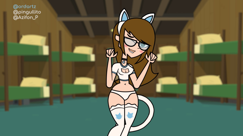 1girls ally_(disventure_camp) azifon_ping big_breasts breasts brown_hair cabin cat_ears cat_lingerie cat_tail catgirl cleavage_cutout collar crop_top cute dancer disventure_camp female female_focus female_only glasses green_eyes lenceria long_hair midriff mr._ordz navel odd_nation_cartoons panties sad_cat_dance short_sleeves solo thighhighs underwear_only voluptuous white_panties white_skin