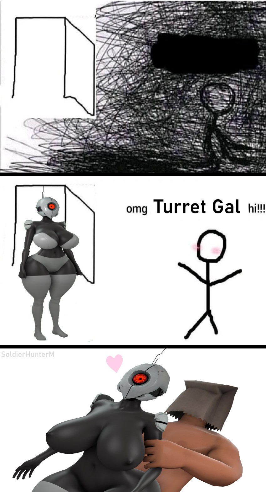 1boy 1girls 3d 3d_(artwork) 4k ass automated_turret big_ass big_breasts black_skin bodysuit breasts comic completely_nude dark-skinned_male dark_skin full_body gun helmet huge_ass huge_breasts human humanoid meme naked nude nude_female omg omg_hi! petplay portal_(series) portal_2 red_eyes robot robot_girl robot_humanoid sentry_turret sex soldierhunterm source_filmmaker standing_sex thick_thighs turret turret_(portal) turret_gal_(soldierhunterm) valve