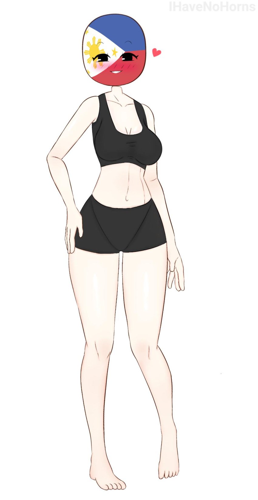 1girls black_bra black_shorts blush clothed clothing countryhumans countryhumans_girl flawsystyle gym_shorts heart ihavenohorns light-skinned_female light_skin philippines philippines_(countryhumans) solo solo_female solo_focus standing