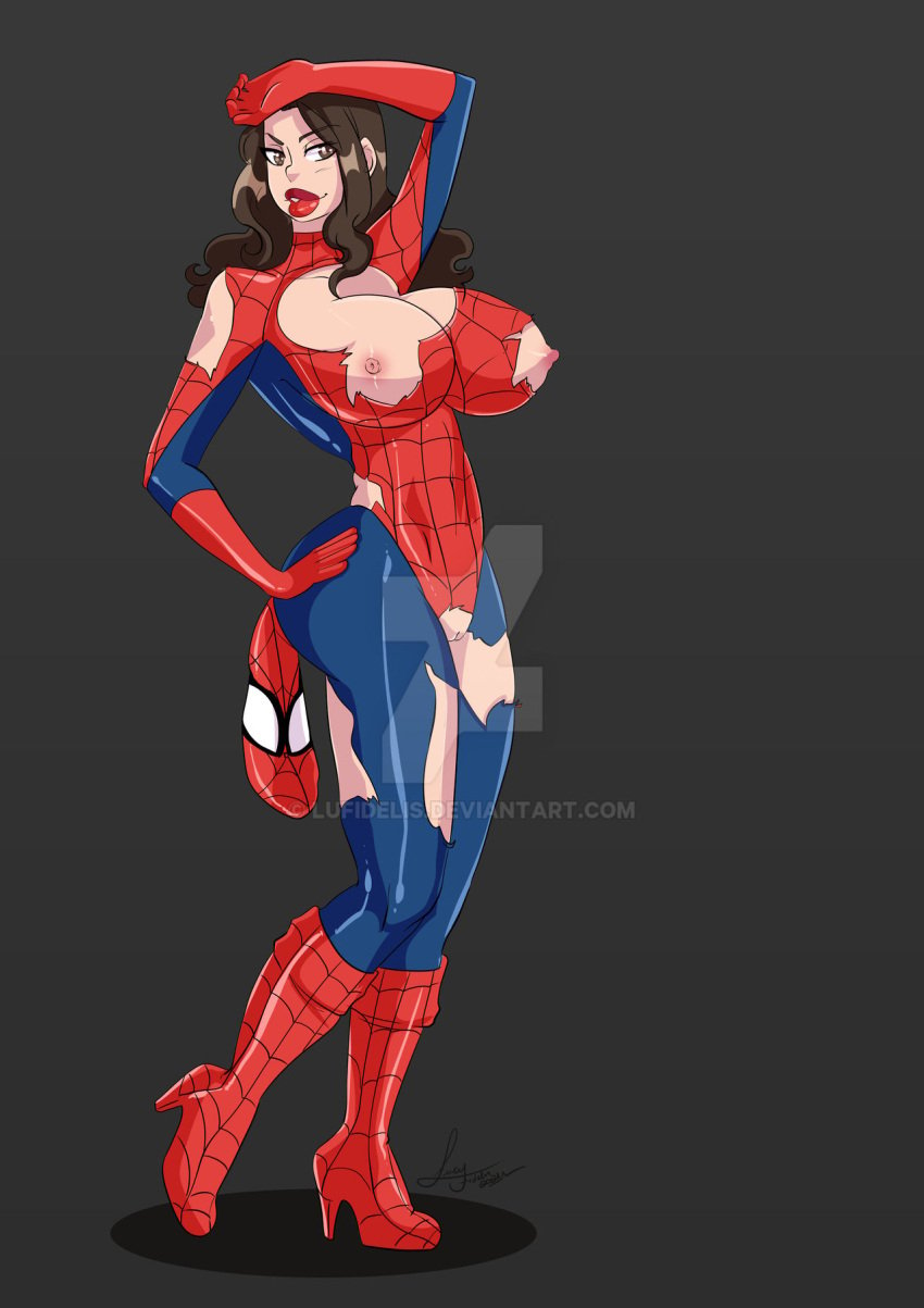 bimbo bimbo_body bimbo_lips female gender_transformation genderswap_(mtf) huge_ass huge_breasts implied_transformation lufidelis marvel mtf_transformation nipples peter_parker pussy ripped_clothing rule_63 spider-man spider-man_(series) straight_hair tagme thick_thighs transformation wide_hips