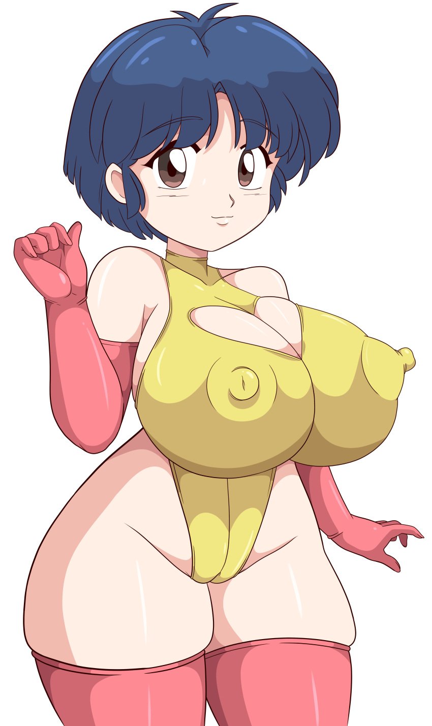 akane_tendo blue_hair erect_nipples huge_breasts large_breasts one-piece_swimsuit ranma_1/2 stockings swimsuit toshiso