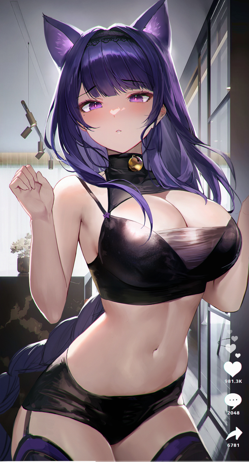 1girls artist_request beauty_mark bell bell_choker blush booty_shorts braided_hair breasts cat_ears choker cleavage crop_top female genshin_impact hips huge_breasts light-skinned_female light_skin long_hair looking_at_viewer midriff mmlyno mole_under_eye nadare3nwmm purple_eyes purple_hair raiden_shogun short_shorts shorts slim_waist thick_thighs thighhighs thighs very_long_hair wide_hips