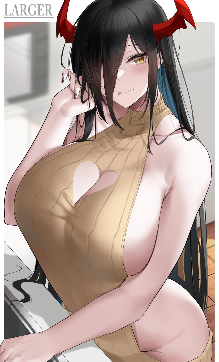 1girls artist_signature azur_lane black_hair breasts female friedrich_der_grosse_(azur_lane) hair_over_eyes hi_res hips horns huge_breasts iron_blood_(azur_lane) larger_bmx light-skinned_female light_skin long_hair mature_female naughty_face smile suggestive_look sweater thick_thighs thighs wide_hips yellow_eyes