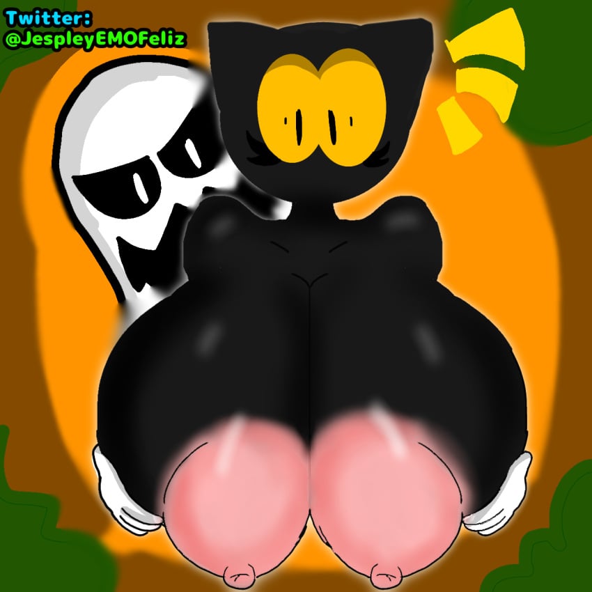 1boy 1girls big_breasts big_nipples black_body black_fur cat_ears feline female ghost ghost_hands google google_chrome google_doodle halloween jespley jespleyelemofeliz magic_cat_academy momo_(google) orange_iris tagme