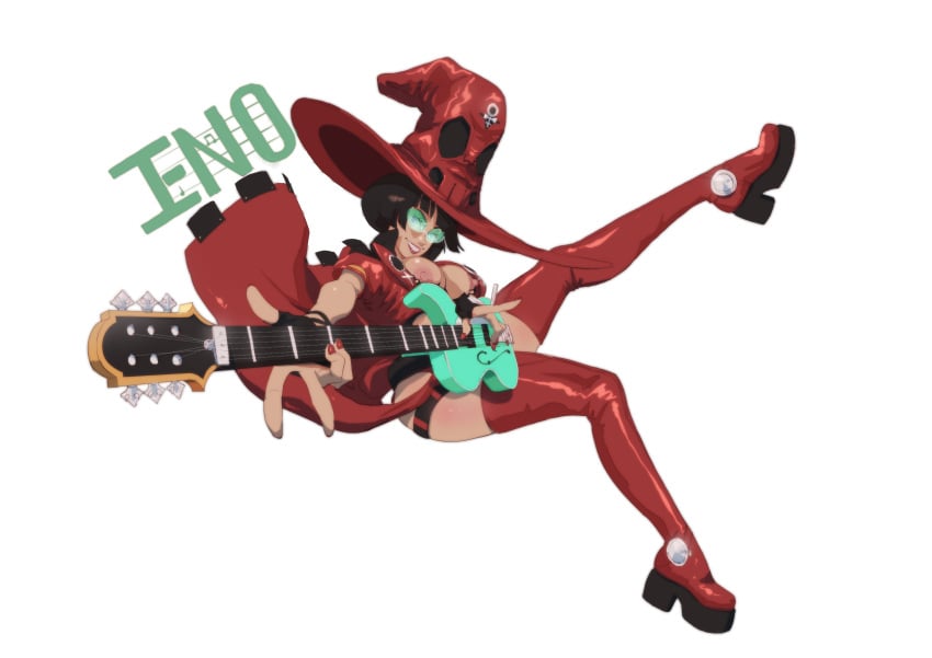 1girls bigbossrequiem breasts_out female glasses green-tinted_eyewear guilty_gear guitar hat i-no large_breasts nipple_slip pose smile solo sunglasses tinted_eyewear white_background