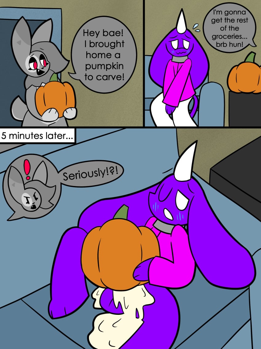 3:4 absurd_res anthro balls blush bodily_fluids comic cum cum_in_food cum_in_pumpkin demon dialogue english_text excessive_cum excessive_genital_fluids food food_fetish food_play fruit fucking_pumpkin furniture genital_fluids genitals grape_ad hi_res horn lagomorph leporid male mammal orio_(nonbinary_bunny) plant pumpkin purple_body rabbit sofa solo stultus_(character) text white_eyes