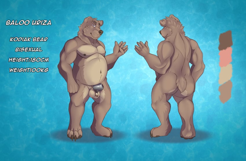 absurd_res aennor animal_genitalia anthro ass balls baloo_uriza belly brown_bear chastity_cage chastity_device front_view fur genitals hi_res kodiak_bear male mammal model_sheet navel rear_view sheath solo tail ursid ursine