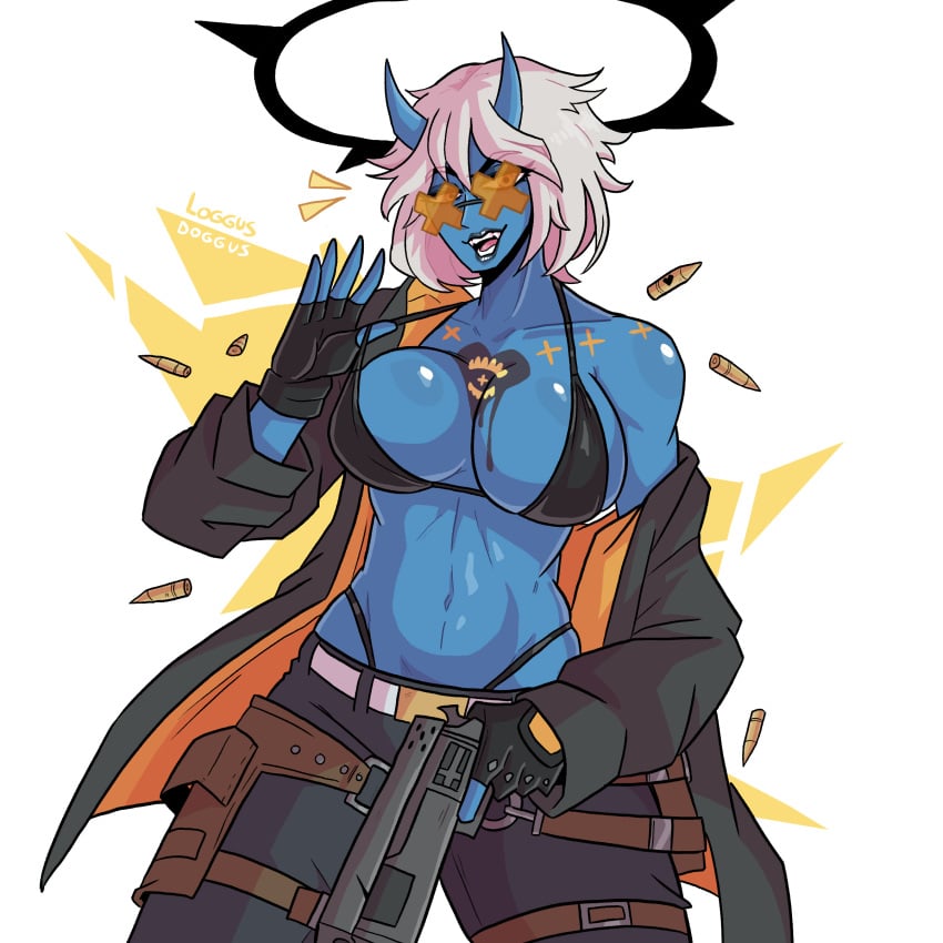 bikini bikini_top blue_skin demon_girl demon_horns guilty_gear guilty_gear_strive gun halo happy_chaos horn horns jacket jeans lipstick loggus_doggus messy_hair orange-tinted_eyewear pants revolver rule_63 short_hair skinny_jeans sunglasses tattoo tattoos thong tinted_eyewear white_hair