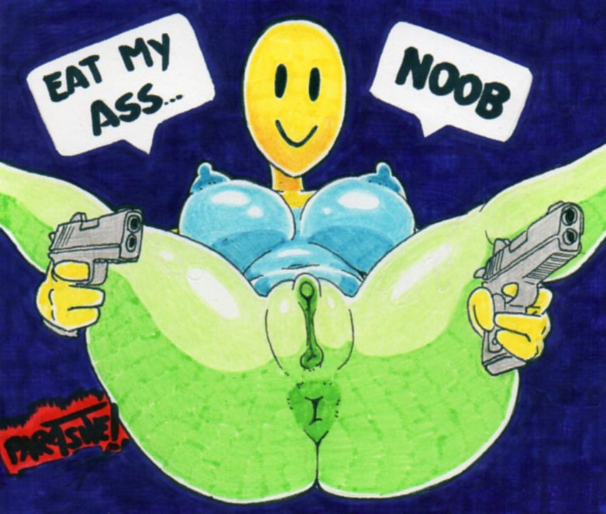 1girls 2019 aiming_at_viewer anal_request anus ass at_gunpoint big_butt clitoris dual_wielding english_text erect_nipples_under_clothes female fingers genitals gun holding_object holding_weapon humanoid meme multicolored_body noob not_furry oof oral_request parasitedeath pointing_gun pointing_gun_at_viewer pussy ranged_weapon rimming_request roblox robloxian simple_background smile smiley_face solo speech_bubble thick_thighs traditional_media_(artwork) uncensored weapon