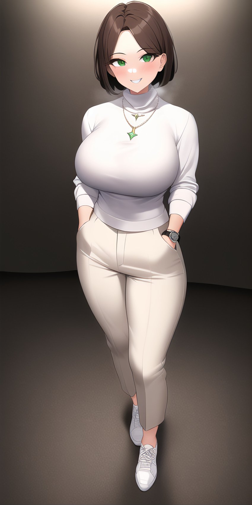 ai_generated big_breasts blush brown_hair busty curvy emma_sheen female female_only full_body fully_clothed green_eyes gundam hands_in_pockets looking_at_viewer nai_diffusion necklace stable_diffusion turtleneck upscaled watch white_pants white_shoes zeta_gundam